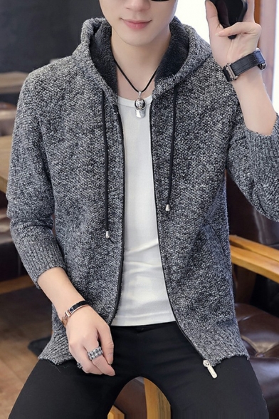 Dashing Cardigan Pure Color Long Sleeves Regular Fit Hooded Zip Placket Cardigan for Guys