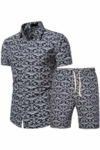 Dashing Co-ords All Over Print Short Sleeve Turn-down Collar Tee Shirt with Shorts Skinny Set for Men