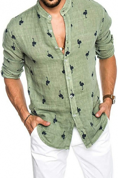 Dashing Mens Shirt All Over Printed Long-Sleeved Stand Collar Button Closure Regular Fit Shirt