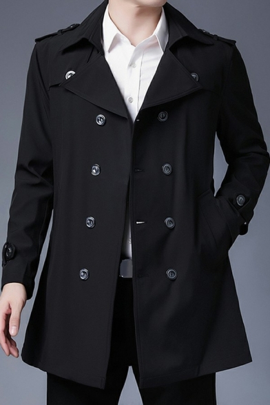 Edgy Mens Coat Solid Color Notched Collar Slim Fit Long Sleeve Double Breasted Trench Coat