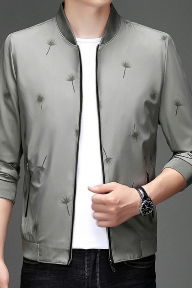 Elegant Mens Varsity Jacket Zip Closure Dandelion Print Long Sleeve Regular Fit Jacket