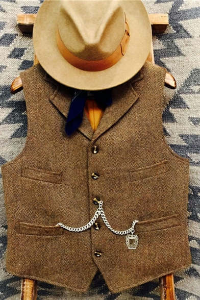 Elegant Vest Lapel Collar Pure Color Button Up Chain Embellished Sleeveless Slim Fit Vest for Men
