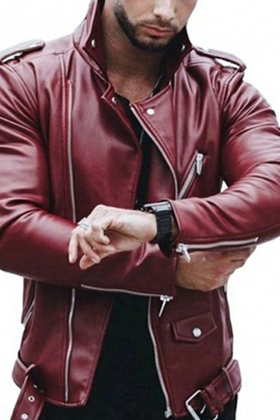 Fancy Men Jacket Plain Button Designed Stand Collar Long Sleeve Regular Zip Closure Leather Jacket