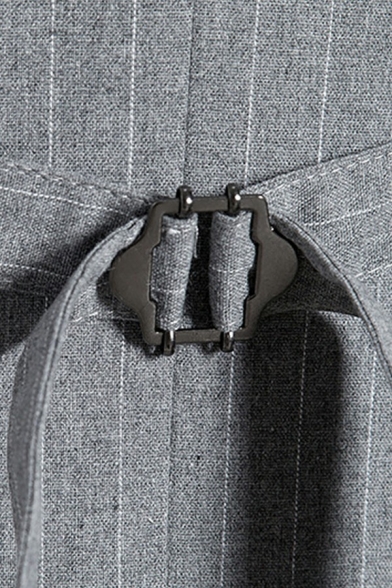 Guys Trendy Vertical Striped Suit Vest V-Neck Belt Back Single Breasted Slim Cut Suit Vest