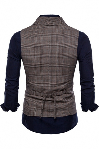 Guys Vintage Tartan Plaid Pattern Vest Double-Breasted Notch Collar Belt Back Fitted Suit Vest