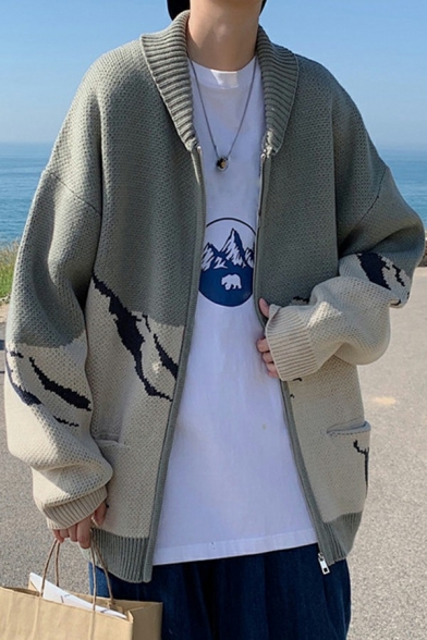 Hip-hop Cardigan Figure Pattern Collar Long Sleeve Zipper Placket Oversized Cardigan for Guys