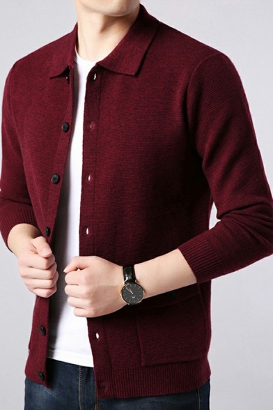 Men Casual Cardigan Solid Collar Spread Collar Button down Flap Pocket Long Sleeve Fitted Cardigan