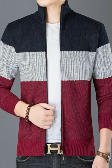 Men Edgy Cardigan Contrast Color Stand Collar Zipper Long Sleeve Regular Cardigan