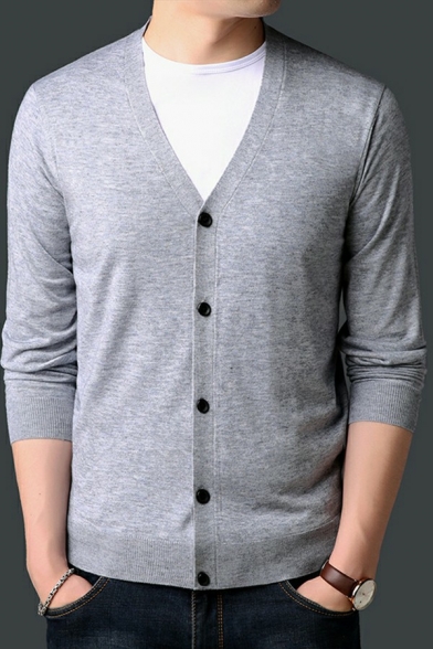 Men Retro Cardigan Pure Color Button-up V-Neck Long-sleeved Fitted Cardigan