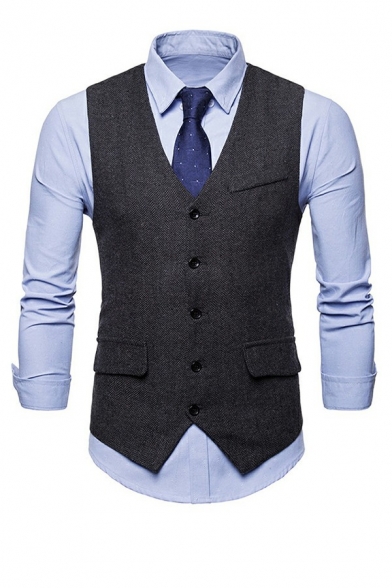 Men Vintage Herringbone Print Suit Vest V Neck Belt Back Multi-Pockets Single Breasted Slim Cut Vest