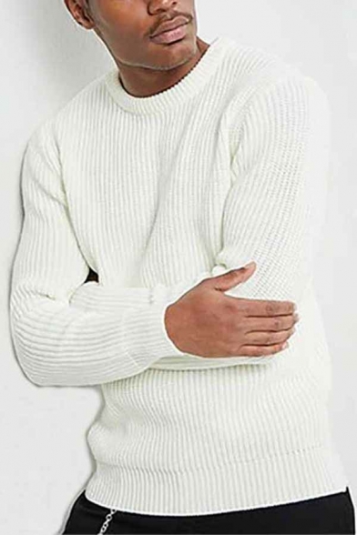 Modern Men's Sweater Plain Long Sleeves Round Neck Regular Fitted Pullover Sweater