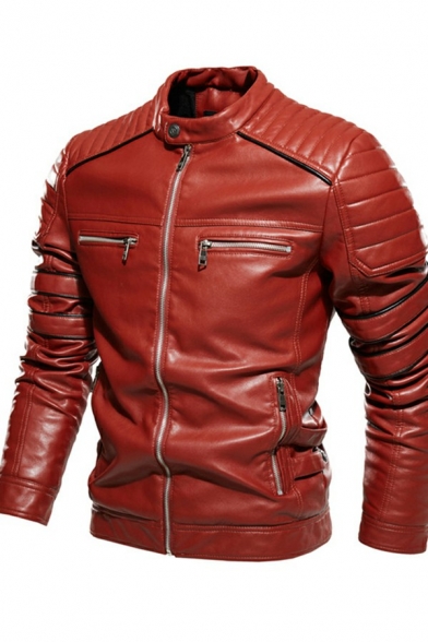 Popular Guys Jacket Plain Pleated Designed Stand Collar Long Sleeves Slim Zipper Leather Jacket