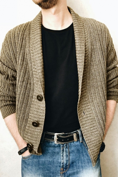Retro Mens Cardigan Plain Lapel Button Closure Regular Fit Long-Sleeved Knitted Cardigan