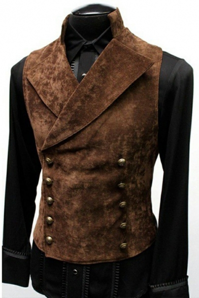 Retro Mens Vest Solid Color Double Breasted Lapel Collar Skinny Fitted Vest