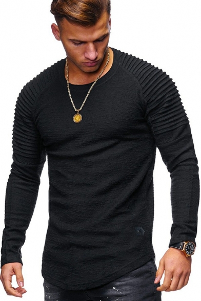 Sportive Guys T Shirt Whole Colored Wrinkled Detail Round Neck Fit Long Sleeve T Shirt