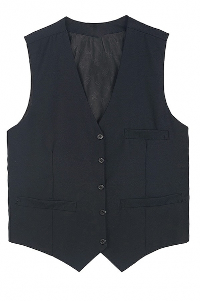 Street Look Mens Suit Vest Pure Color V-Neck Sleeveless Regular Fit Button Down Suit Vest