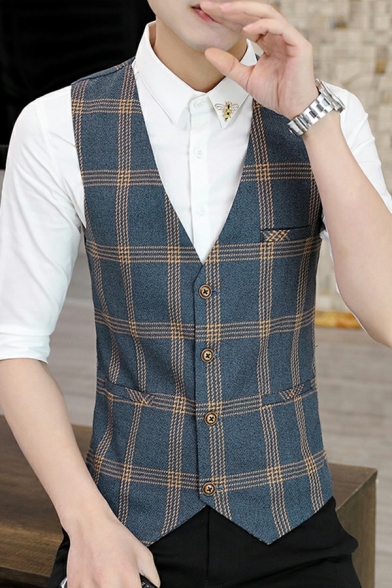 Stylish Guys Suit Vest Plaid Print V-Neck Single Breasted Pocket Detail Slim Fit Suit Vest