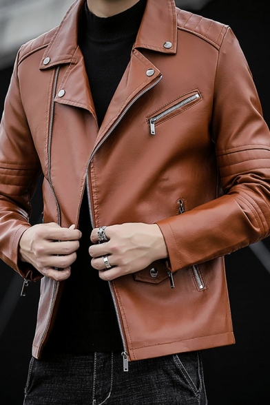 Stylish Mens Leather Jacket Pure Color Turn Down Collar Long Sleeves Pocket Detail Zip Placket Leather Jacket