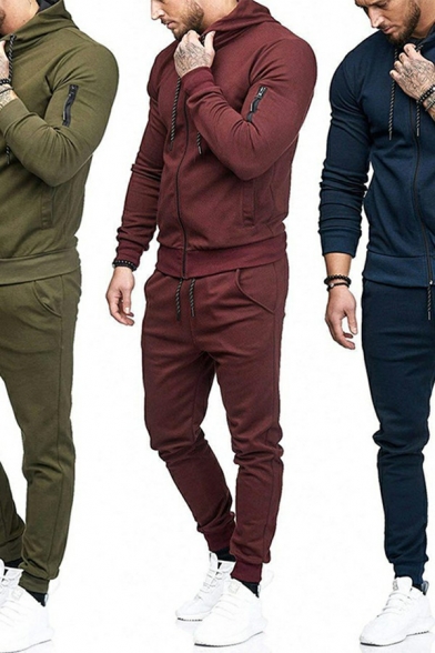 Stylish Mens Set Plain Drawcord Long-sleeved Hoodie Long Length Pants Set