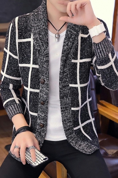 Trendy Cardigan Plaid Pattern Button Down Long-Sleeved Slim Fitted Cardigan for Men