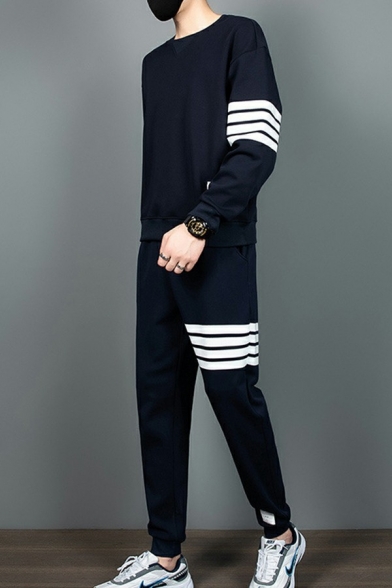 Trendy Mens Sweatshirt Stripe Pattern Long Sleeve Crew Neck Rib Cuffs Loose Fit Sweatshirt