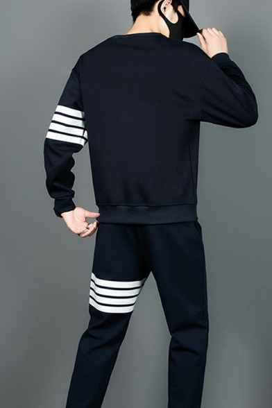 Trendy Mens Sweatshirt Stripe Pattern Long Sleeve Crew Neck Rib Cuffs Loose Fit Sweatshirt