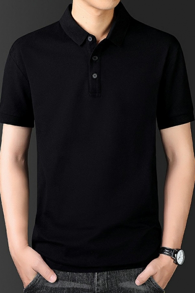 Trendy Polo Shirt Whole Colored Button Placket Turn-Down Collar Fit Long Sleeve Polo Shirt for Men