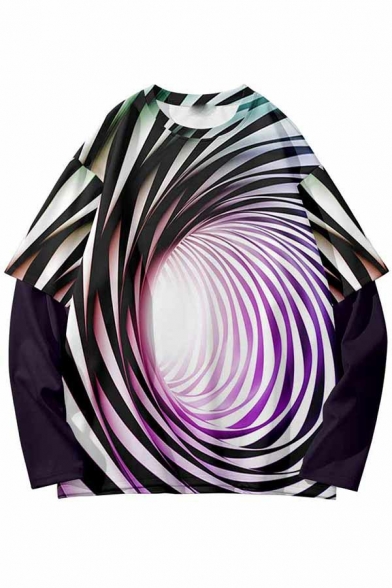 Unique Abstract Print Hoodie Faux Twinset Long Sleeves Crew Neck Oversized Sweatshirt for Men
