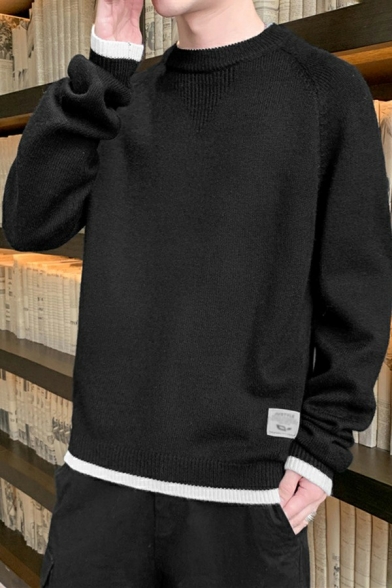 Urban Guys Sweater Pure Color Contrast Ribbed Trim Round Neck Baggy Long Sleeve Sweater
