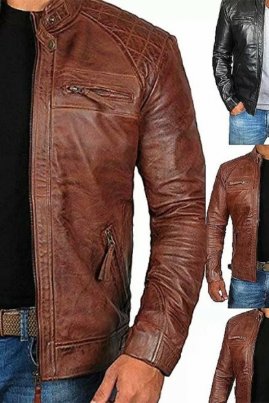 Warm Leather Jacket Stand Collar Zip Up Solid Color Long-Sleeved Regular Fit Leather Jacket