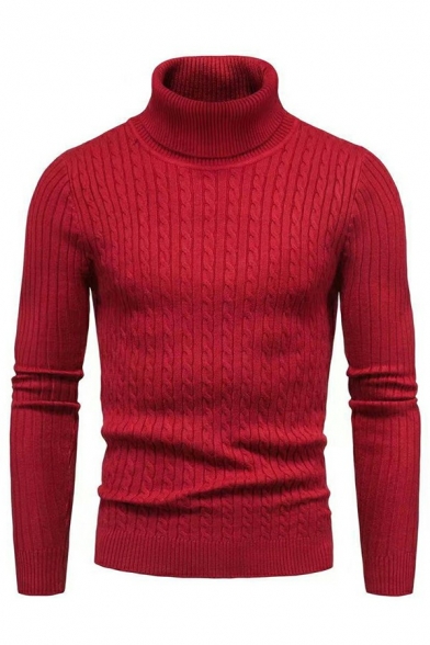 Warm Men's Knitted Sweater Solid Color High Neck Long Sleeves Regular Fitted Sweater