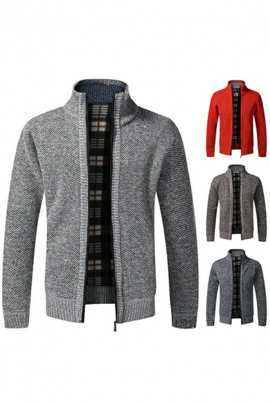 Casual Cardigan Solid Plaid Lined Zip-up Stand Collar Pocket Long Sleeves Cardigan for Men