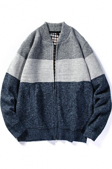 Casual Guys Cardigan Color Block Zipper Down Long Sleeve Loose Fitted Thickened Knitted Cardigan