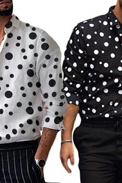 Casual Mens Shirt Polka Dot Printed Long Sleeve Lapel Collar Button Closure Regular Fitted Shirt