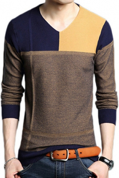Cool Sweater Color-Block V-Neck Rib Cuffs Long Sleeve Slim Fitted Sweater for Men