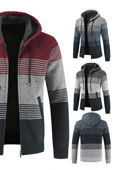 Dashing Men's Cardigan Contrast Color Long-Sleeved Regular Fitted Cardigan with Hoodie