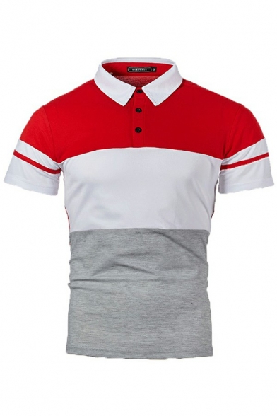 Edgy Mens Polo Shirt Color Block Button Detail Short Sleeves Turn down Collar Slim Fit Polo Shirt