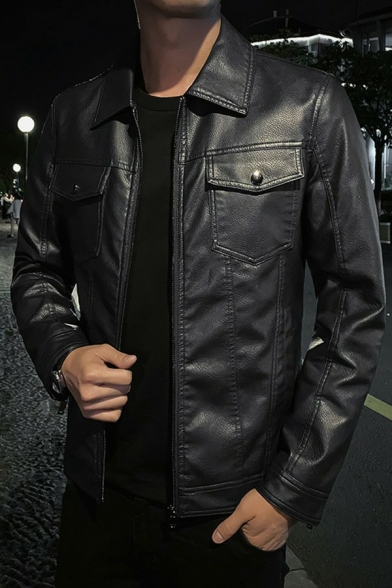 Elegant Guy's Jacket Whole Colored Chest Pocket Spread Collar Loose Fitted Leather Jacket
