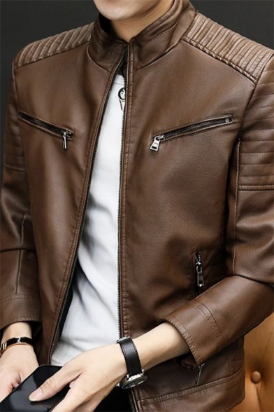 Fancy Mens Leather Jacket Pure Color Stand Collar Long Sleeve Zip Placket Leather Jacket with Pocket
