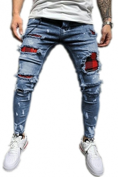 Fashionable Mens Jeans Solid Color Knee Broken Hole Zip Detail Mid Rise Skinny-Fitted Jeans with Pockets