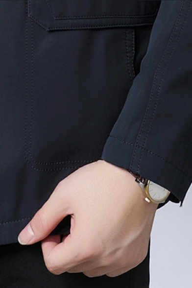 Guys Pop Trench Coat Solid Button Placket Turn-down Collar Flap Pocket Long-sleeved Trench Coat