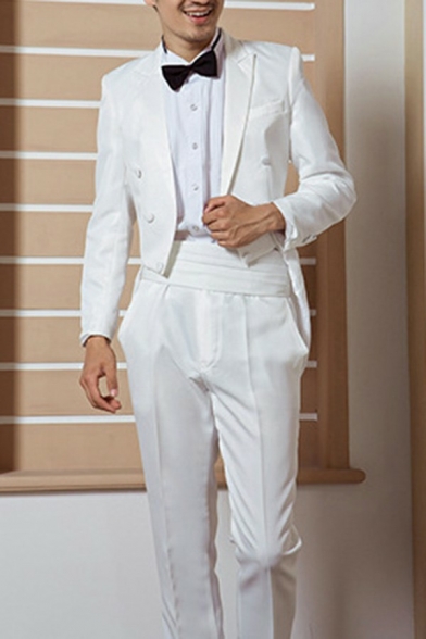 Guys Unique Swallow-Tailed Tuxedo Suit Jacquard Print Notched Collar with Zip Fly Pants Relaxed Suit Set