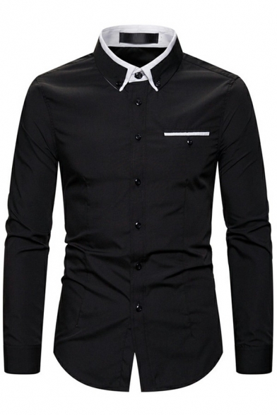 Leisure Shirt Contrast Line Print Point Collar Button down Long Sleeves Fitted Shirt for Men