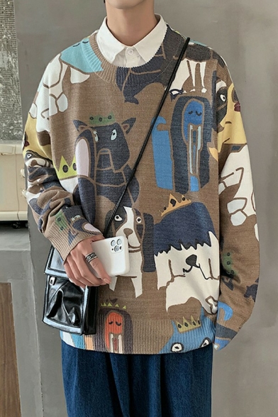 Lovely Sweater Cartoon Printed Round Neck Long-sleeved Baggy Sweater for Guys