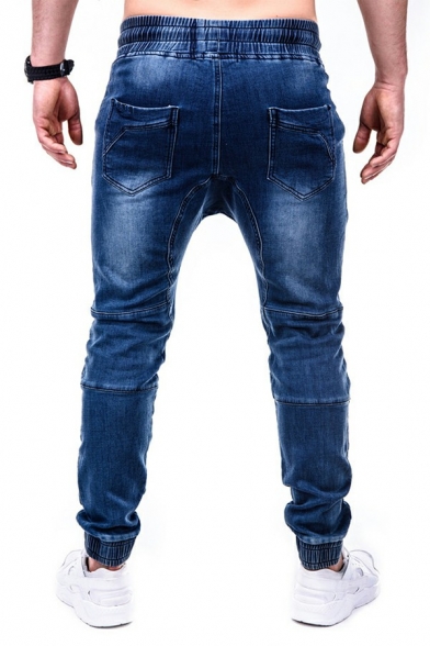 Men Boyish Denim Pants Plain Elastic Waist Zip Pocket Regular Fit Denim Pants