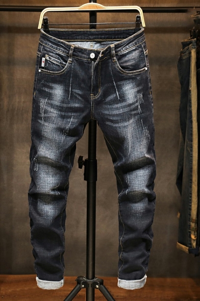 Men Fancy Denim Pants Plain Zip-Fly Front Pocket Regular Fitted Long Denim Pants