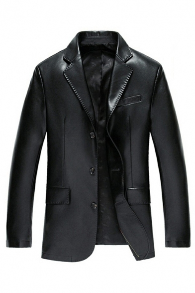 Men Sporty Leather Jacket Solid Color Suit Collar Button Closure Long Sleeves Relaxed Leather Jacket
