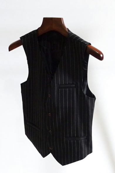 Men Street Look Suit Vest Stripe Pattern V-Neck Pocket Button Embellished Fitted Suit Vest