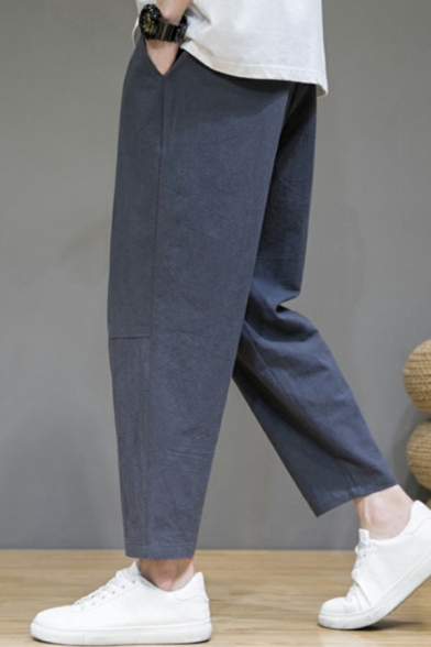 Men Vintage Drawstring Pants Pure Color Pocket Detail Elastic Waist Relaxed Fit Pants