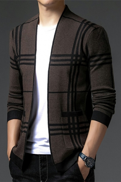 Mens Dashing Cardigan Plaid Cartoon Pattern Long Sleeve V-Neck Open Front Slim Fitted Cardigan Sweater